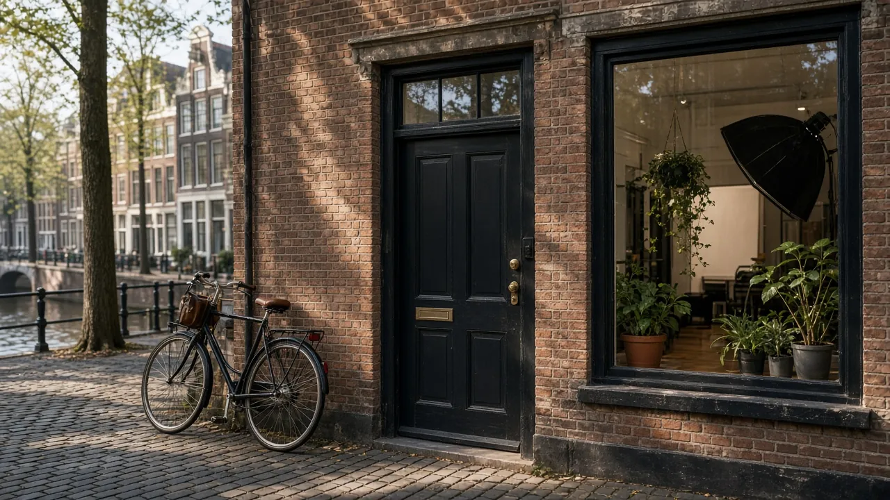 Zwarte voordeur van fotografieatelier in Amsterdams grachtenpand aan de Prinsengracht in ochtendlicht
