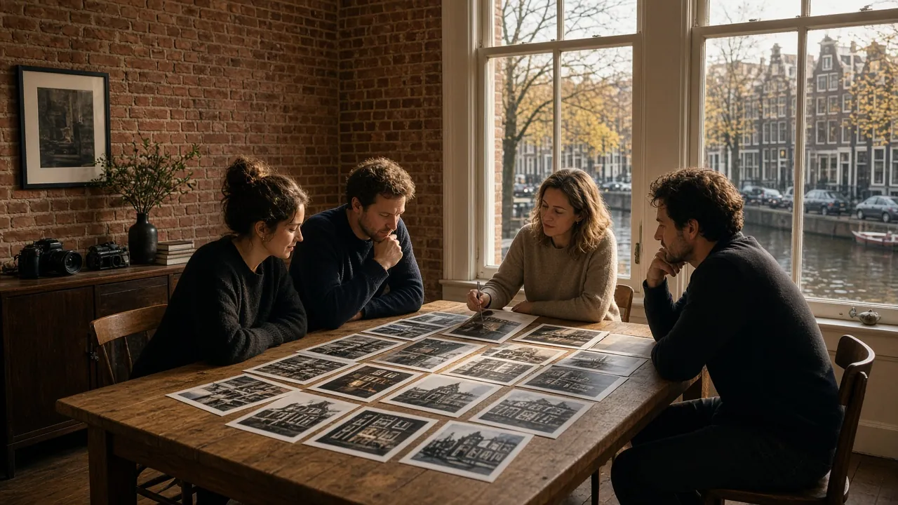 Kleine groep fotografen bespreekt architectuurprints aan eikenhouten tafel in Amsterdams grachtatelier