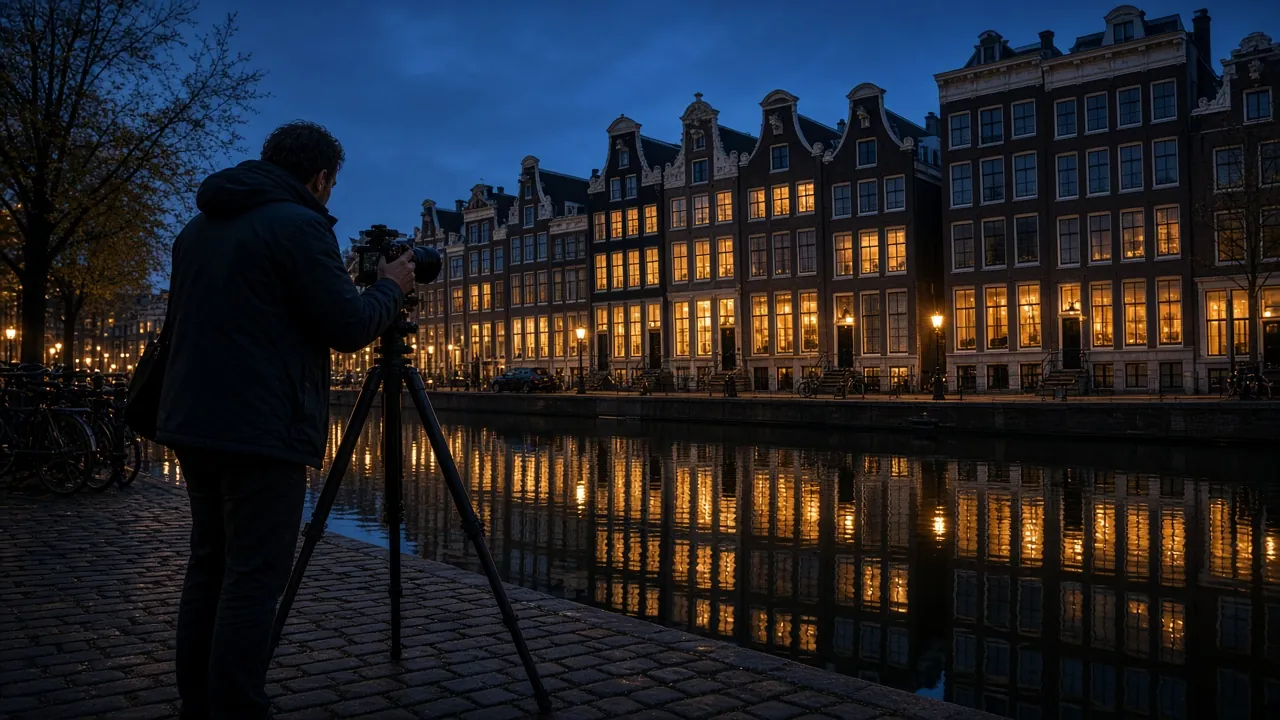 Fotograaf fotografeert Amsterdamse grachtenpanden bij blauw uur met statief langs de kade