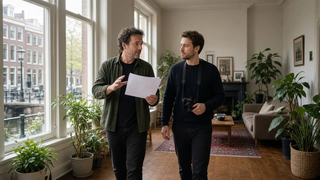 Docent loopt met shootchecklist door gestyled Amsterdams appartement met cursist en camera