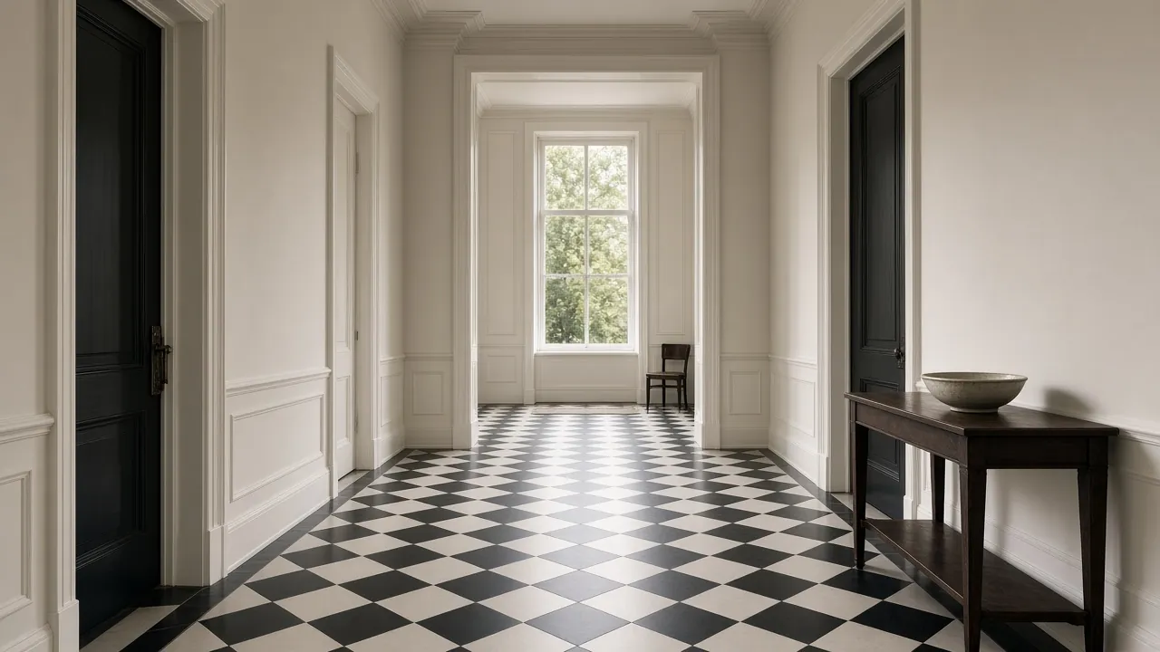 Symmetrisch perspectief van Amsterdamse herenhuisgang met tegelvloer en daglicht uit achterraam