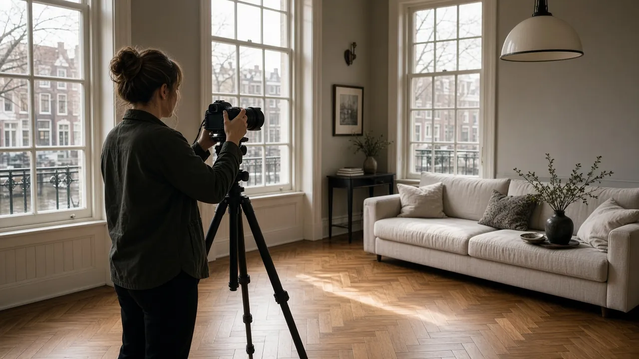 Docent richt full-frame camera op statief in zonovergoten Amsterdamse grachtenwoning tijdens interieurfotografie masterclass
