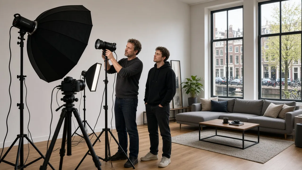 Instructeur stelt octabox en statief op in modern Amsterdams interieur tijdens lichtworkshop fotografie