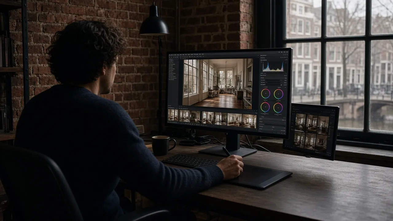 Fotograaf kleurcorrigeert interieurfoto op gekalibreerd scherm in Amsterdams atelier met grachtzicht