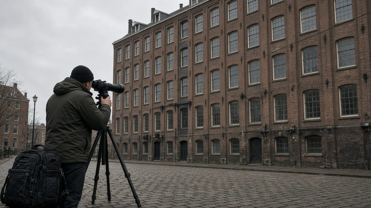 Fotograaf met tilt-shiftlens op statief fotografeert hoge Amsterdamse pakhuisgevel vanaf straatniveau