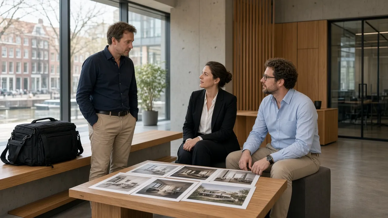 Architectuurfotograaf overlegt met architect en interieurontwerper in Amsterdams kantoor over opdrachtfotoshoot