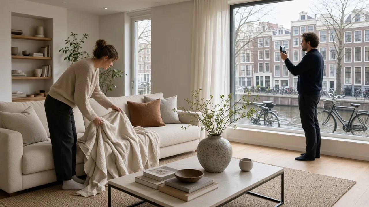 Stylist en fotograaf bereiden zonovergoten Amsterdams appartement voor op interieurfotoshoot met linnen bank